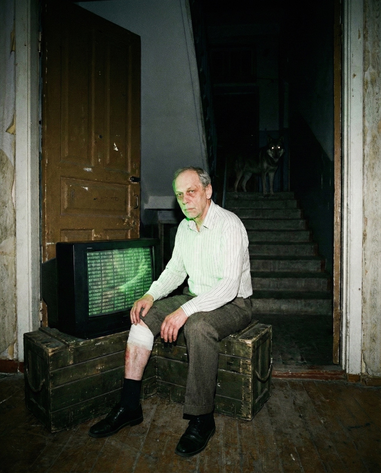 Winston with a bandaged leg beside a television of green code, a dog watching from the dark stairs