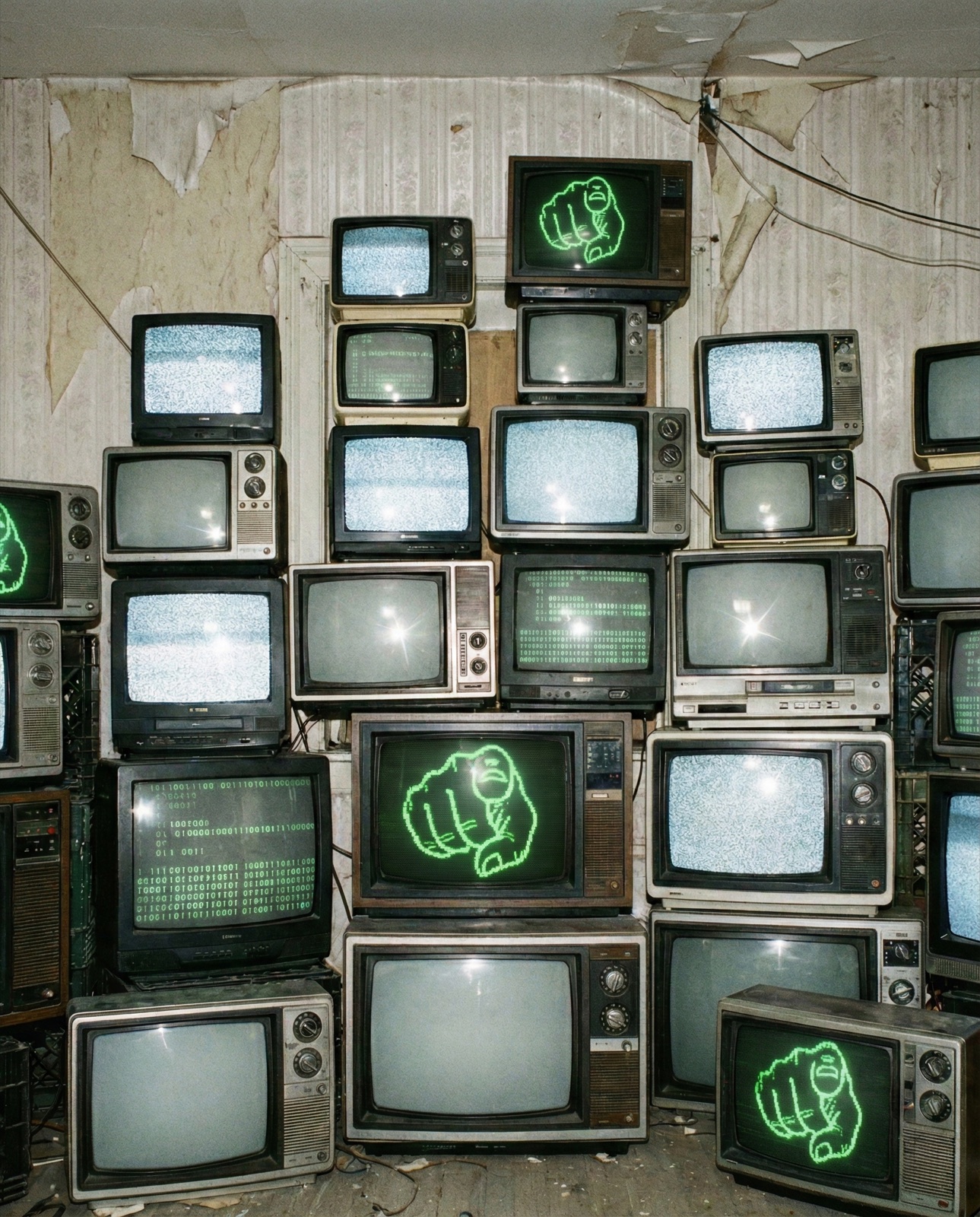 Wall of old televisions showing static and a green pointing hand