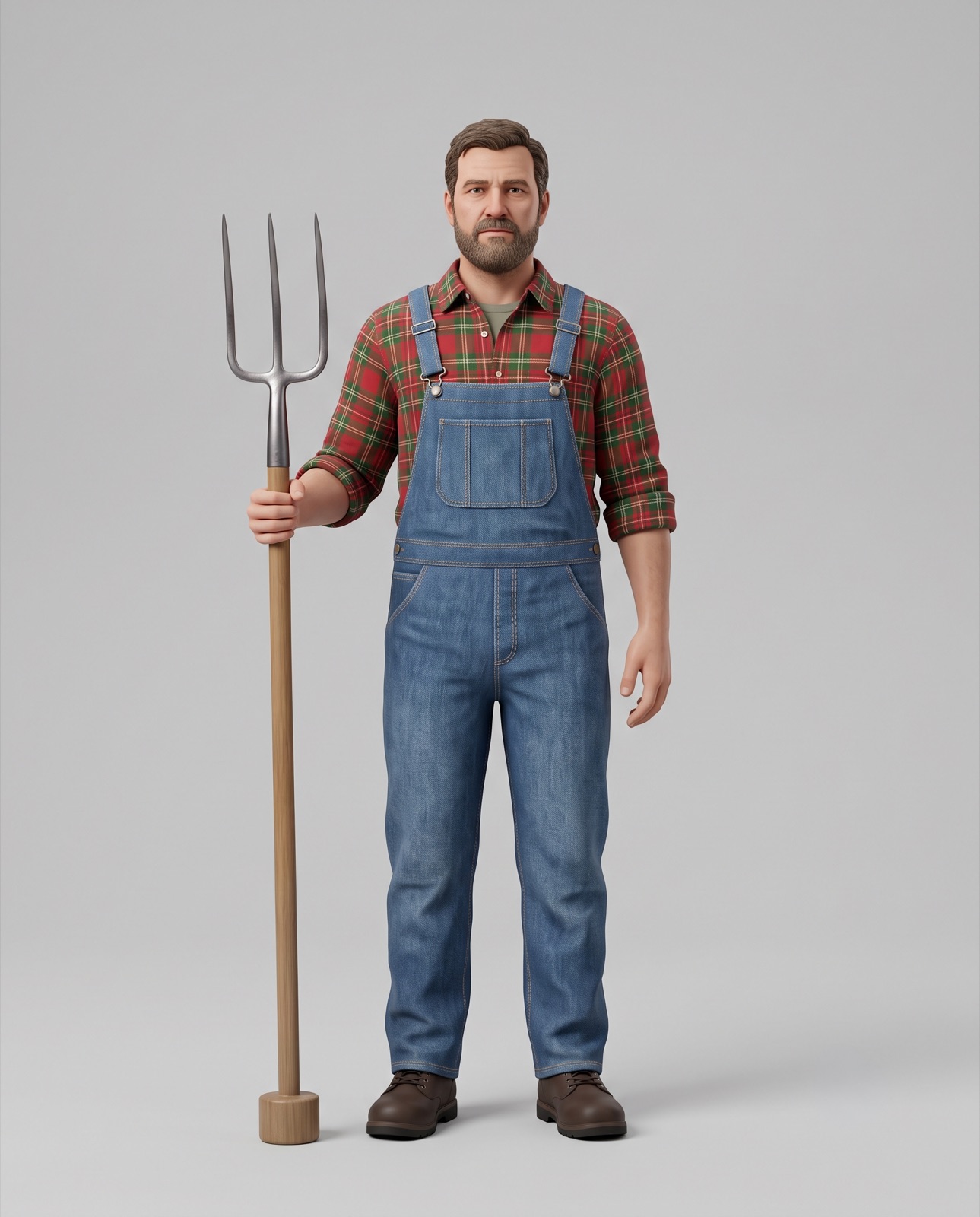 Stage 1 of 6: a generic smooth 3D farmer on a grey backdrop