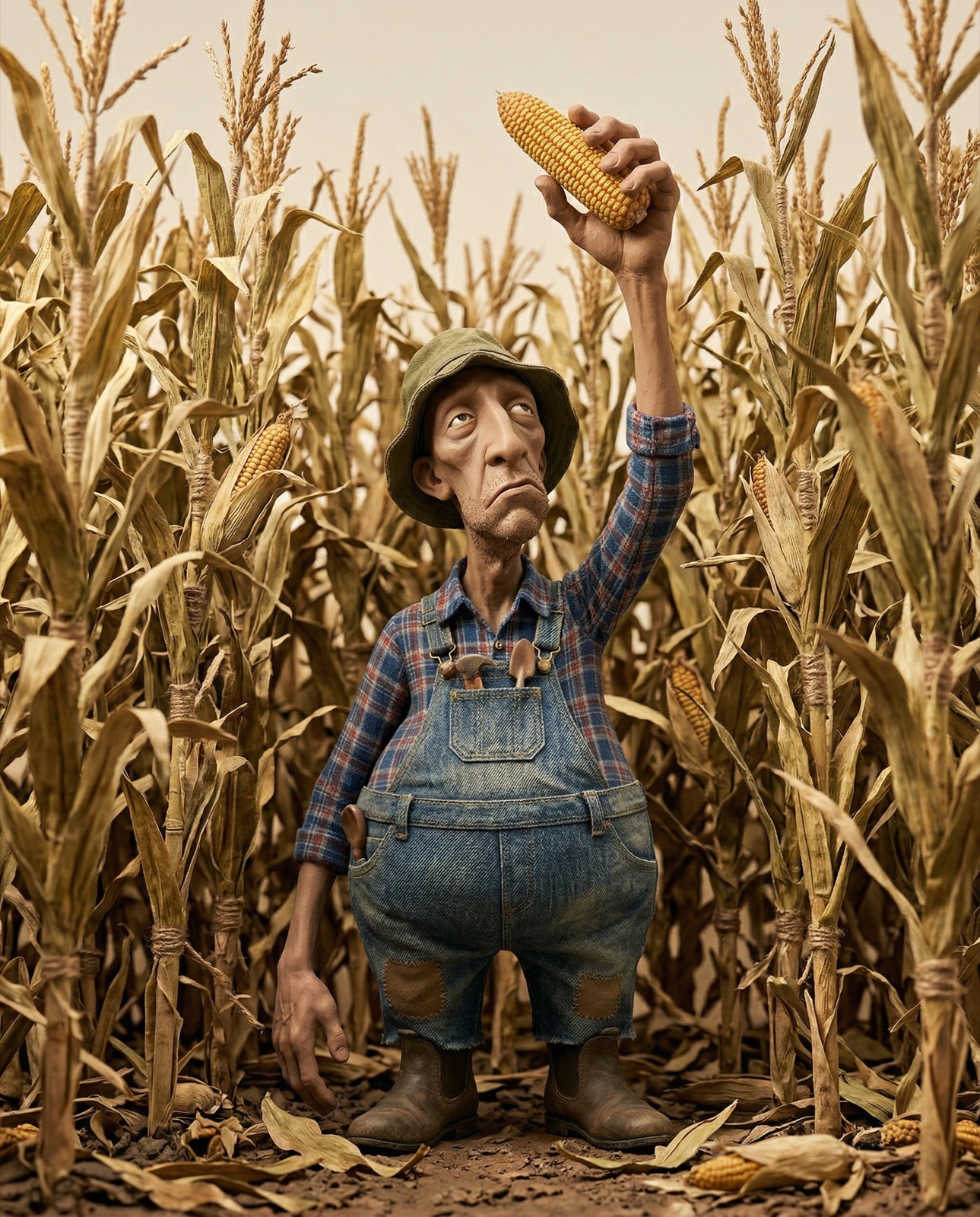 The farmer in a miniature cornfield pulling a corn cob