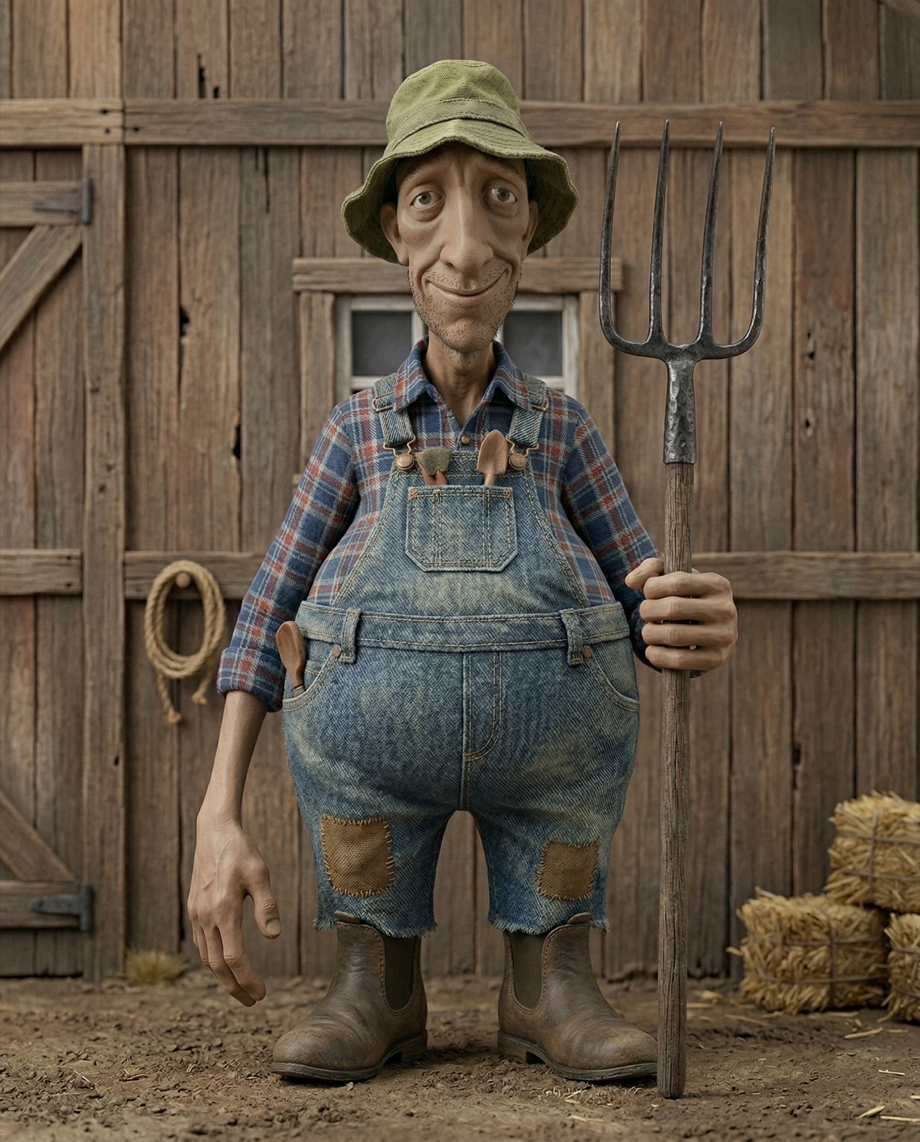 The clay farmer with his pitchfork by the barn