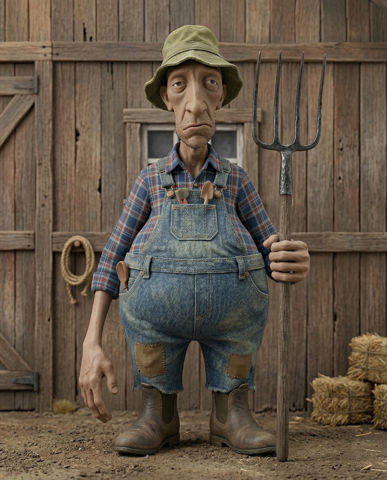 The farmer posed like American Gothic, pitchfork held upright