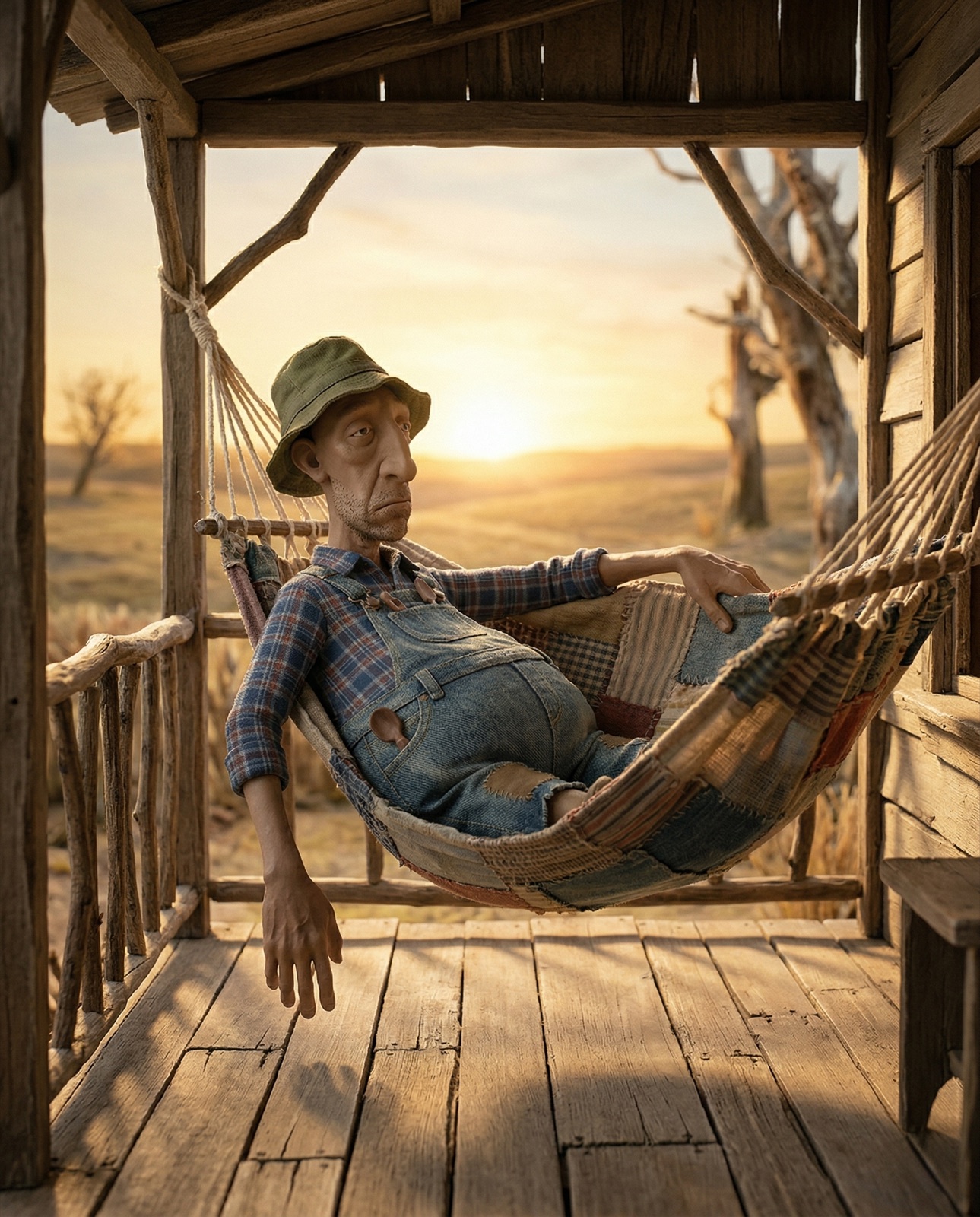The farmer resting in a patchwork hammock at sunrise