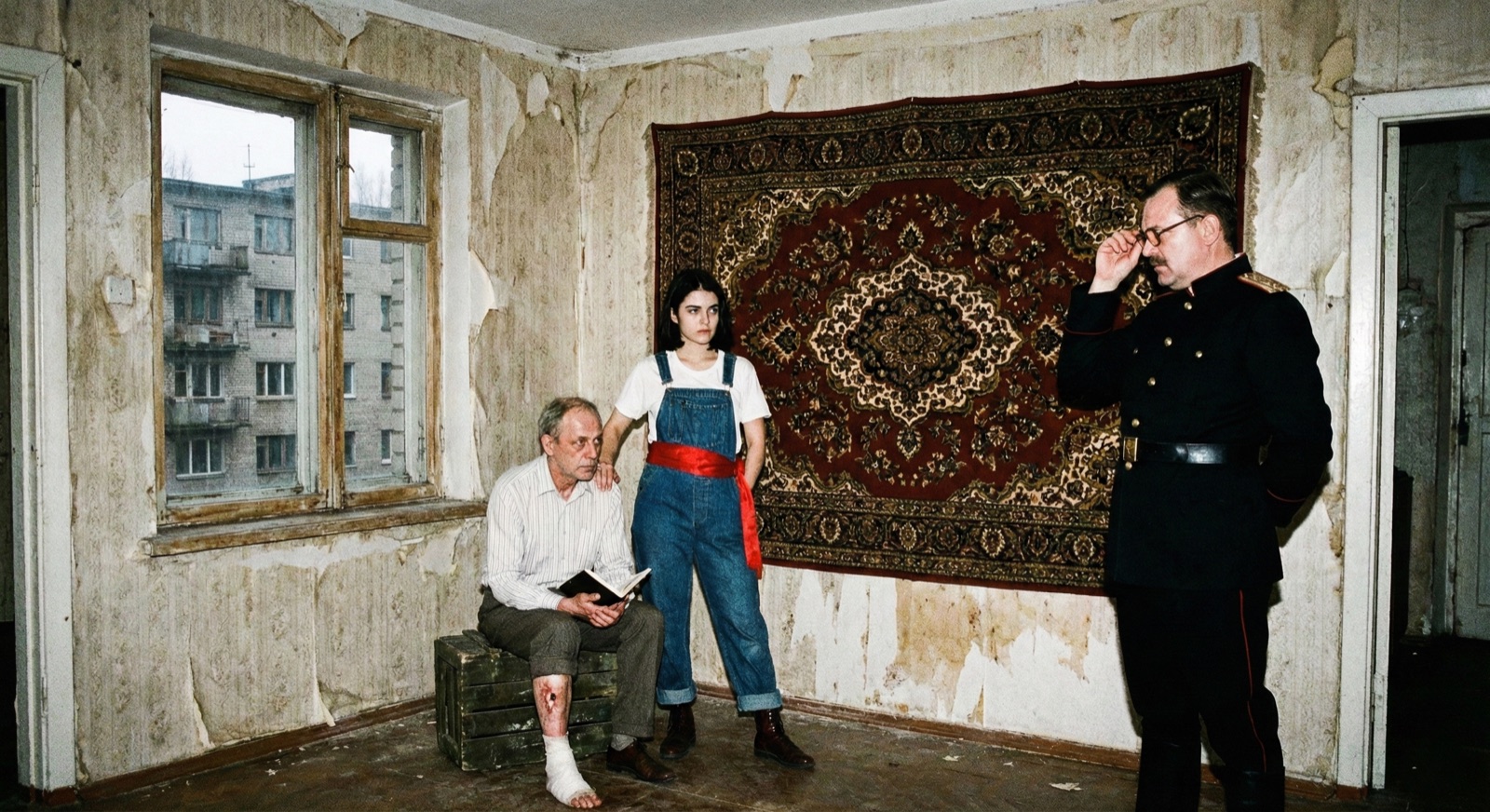 Winston, Julia and O'Brien in a decaying Soviet-era room with a rug on the wall