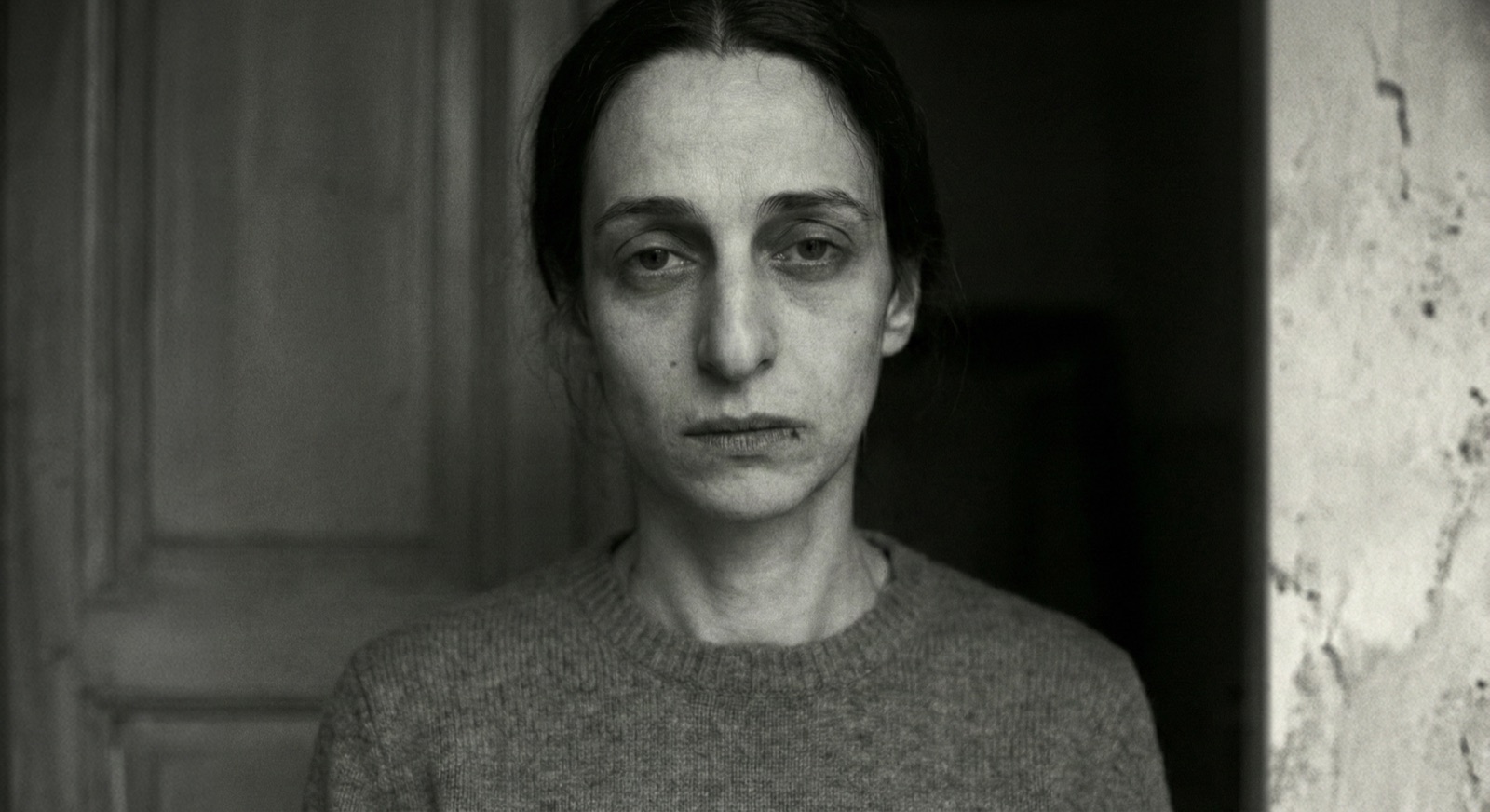 Close portrait of Hana, exhausted eyes, against the dark hallway