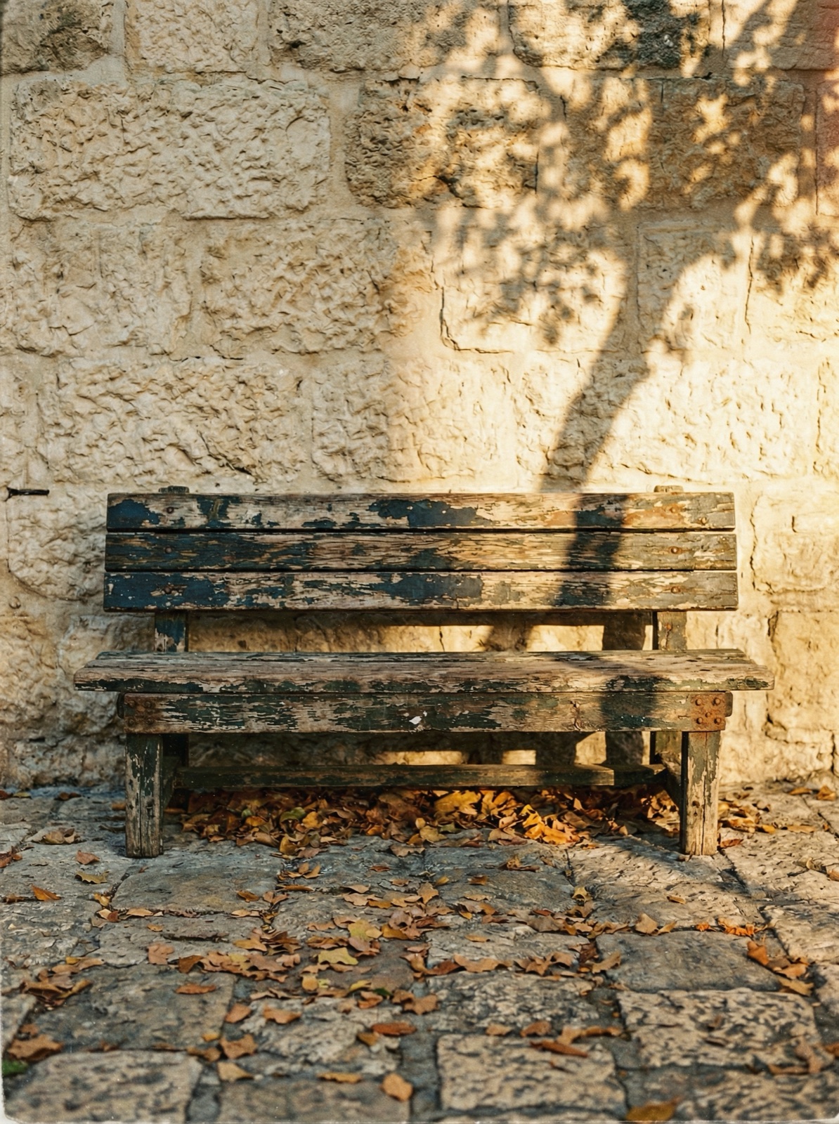 Weathered bench with peeling paint against a Jerusalem stone wall