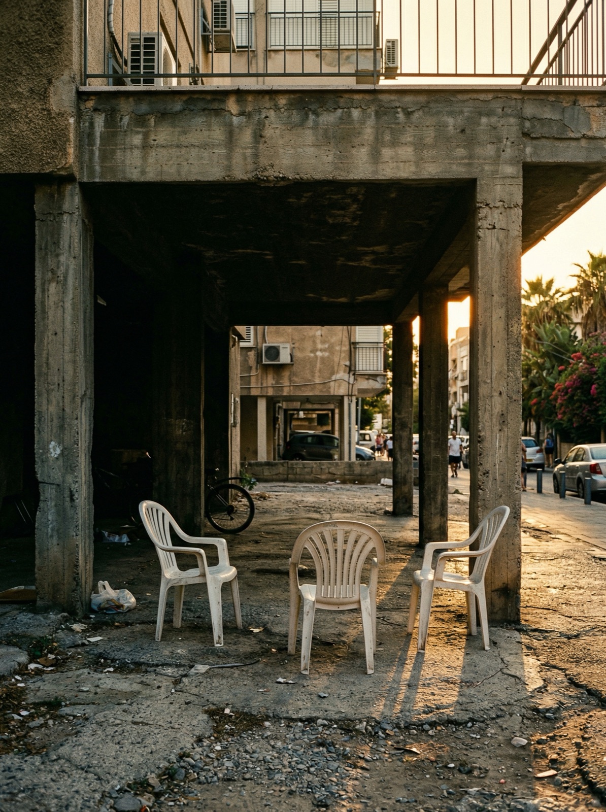 Three white plastic chairs under the concrete pilotis of an Israeli apartment building