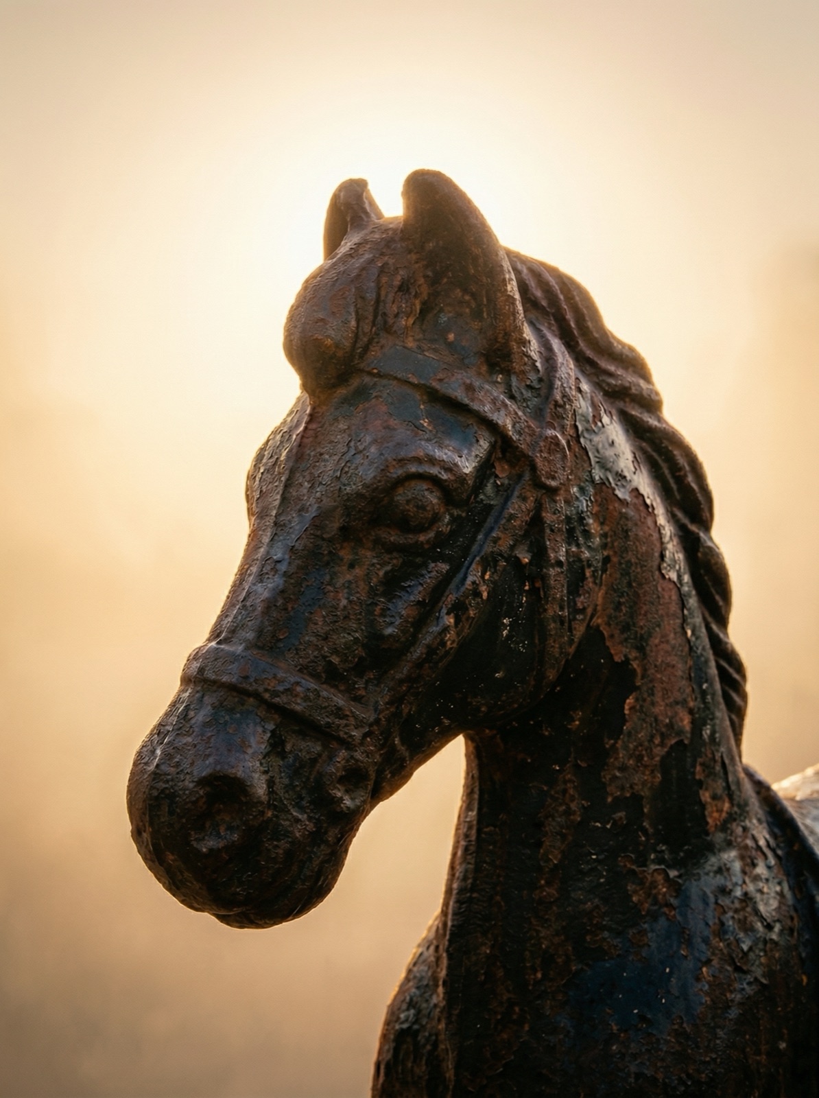 Backlit rusted rocking horse in an empty playground