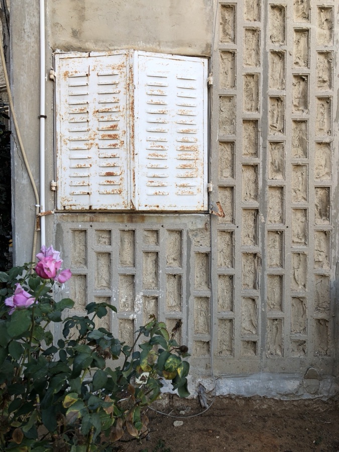 Reference photo of rusted white shutters on a raw Israeli concrete-block wall