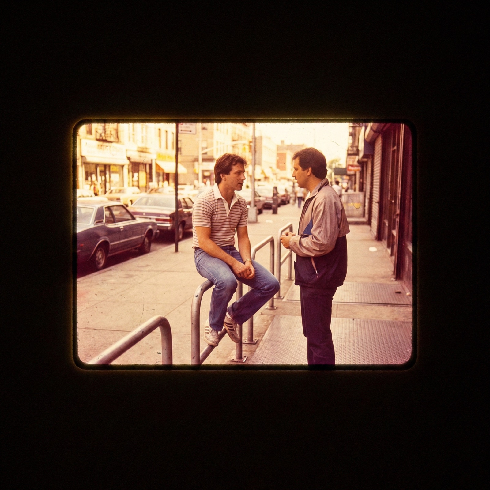 Eyal talking with a friend on a 1980s New York sidewalk